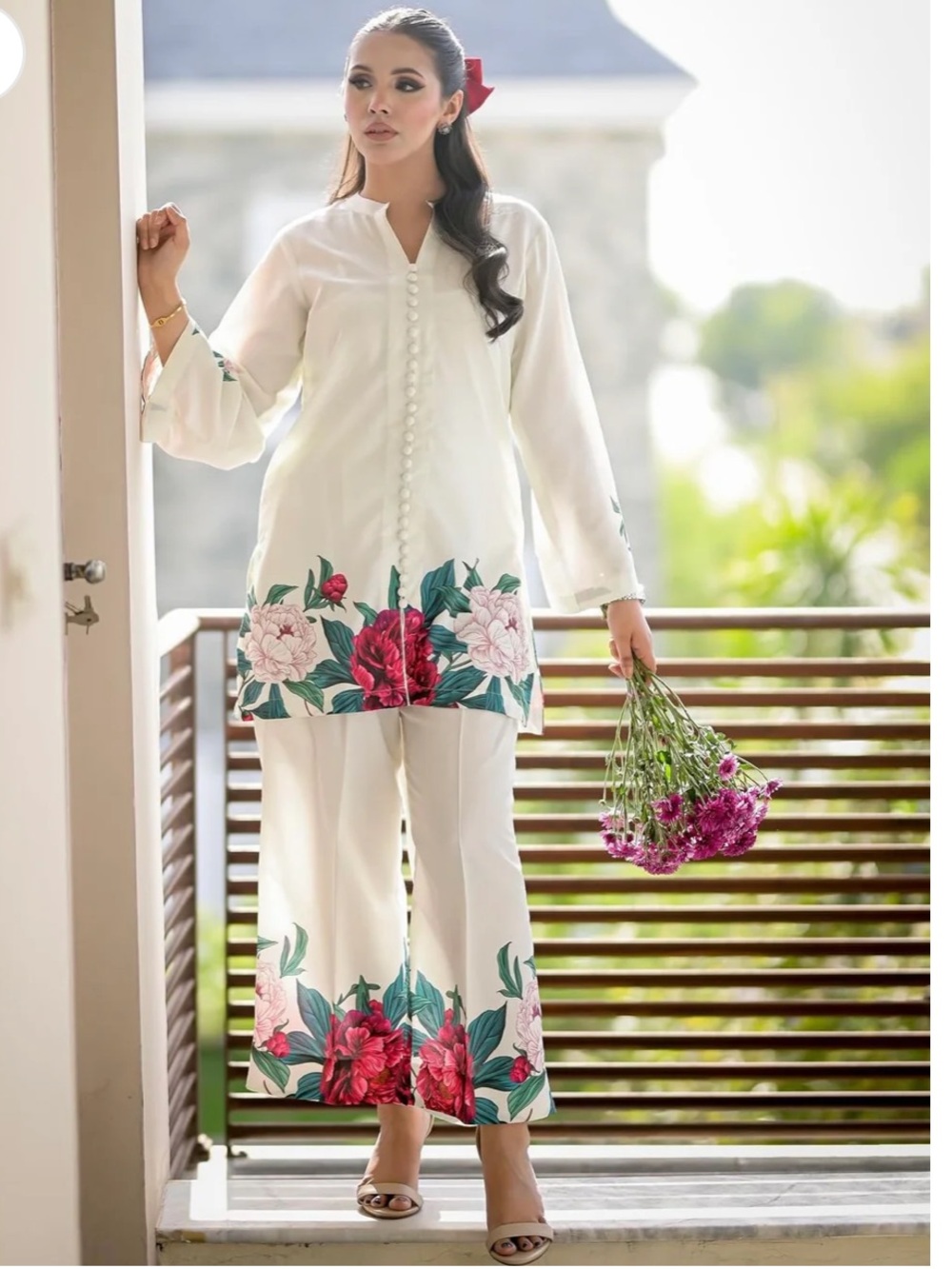 White Floral-Trim Wide Leg Pants Set